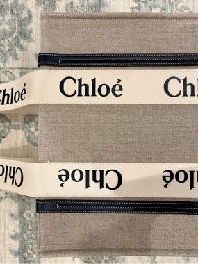 Chloé Medium Beige Canvas Tote with Navy Trim and Cream Logo Straps